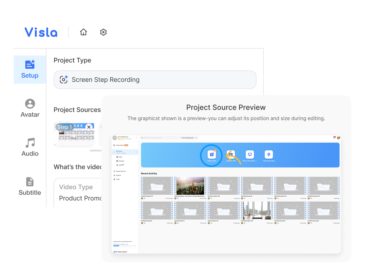 Visla AI Video Agent refining recorded steps with editing controls and adjustments